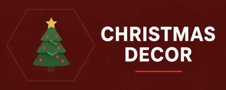 Christmas decor graphic with a decorated tree icon and bold white text on a red background