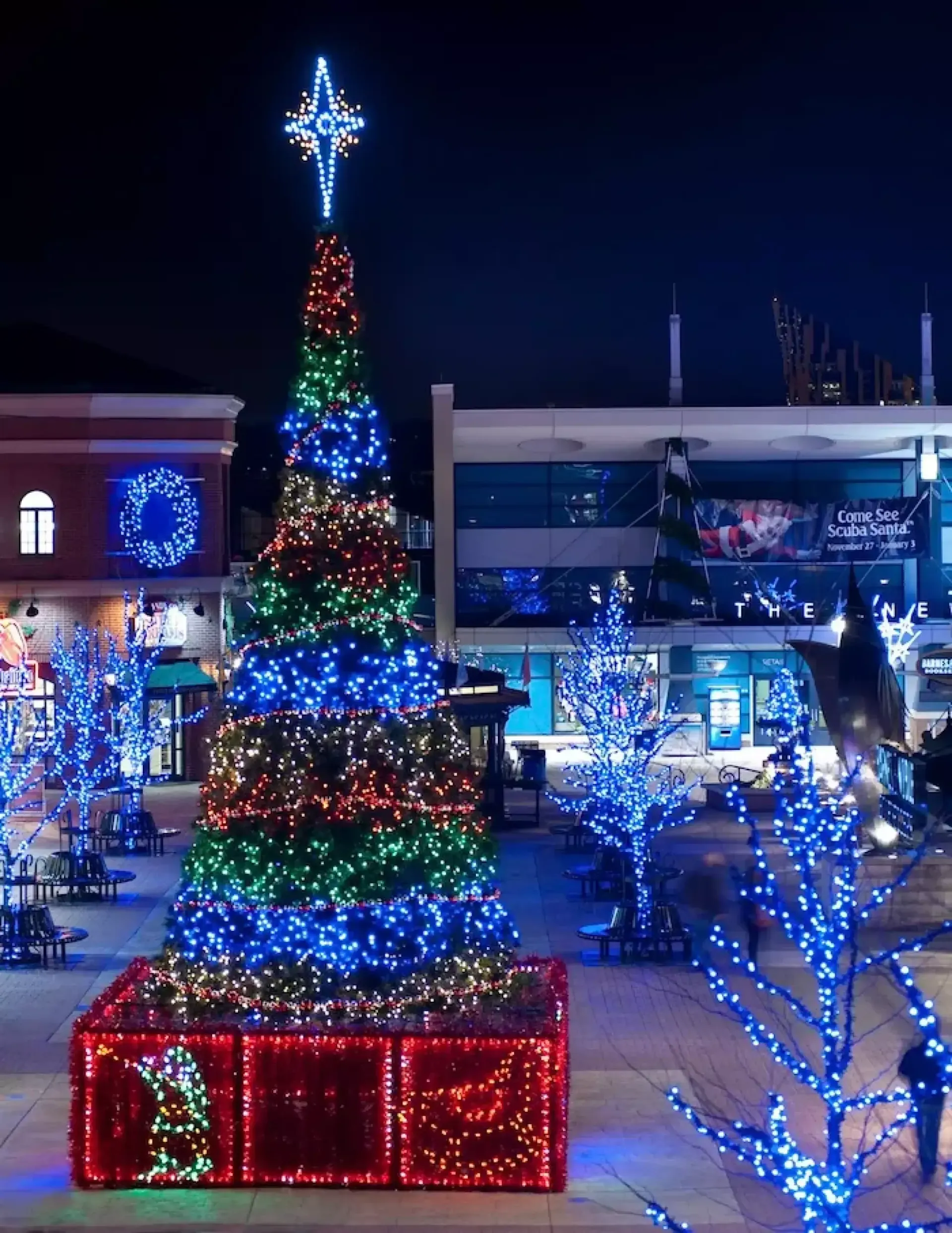 Holiday light display with a tall, multicolored Christmas tree topped by a star in a snowy plaza at night