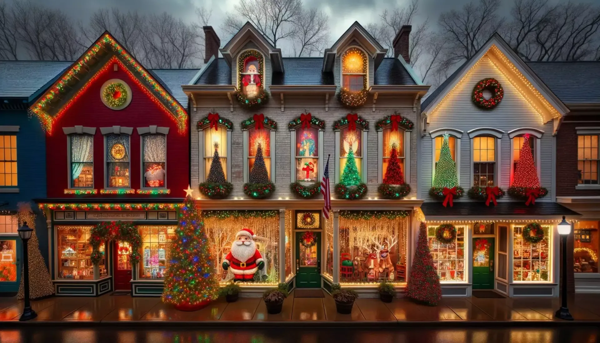 Festively lit row of decorated houses with Christmas wreaths, Santa figures, and glowing holiday lights at dusk