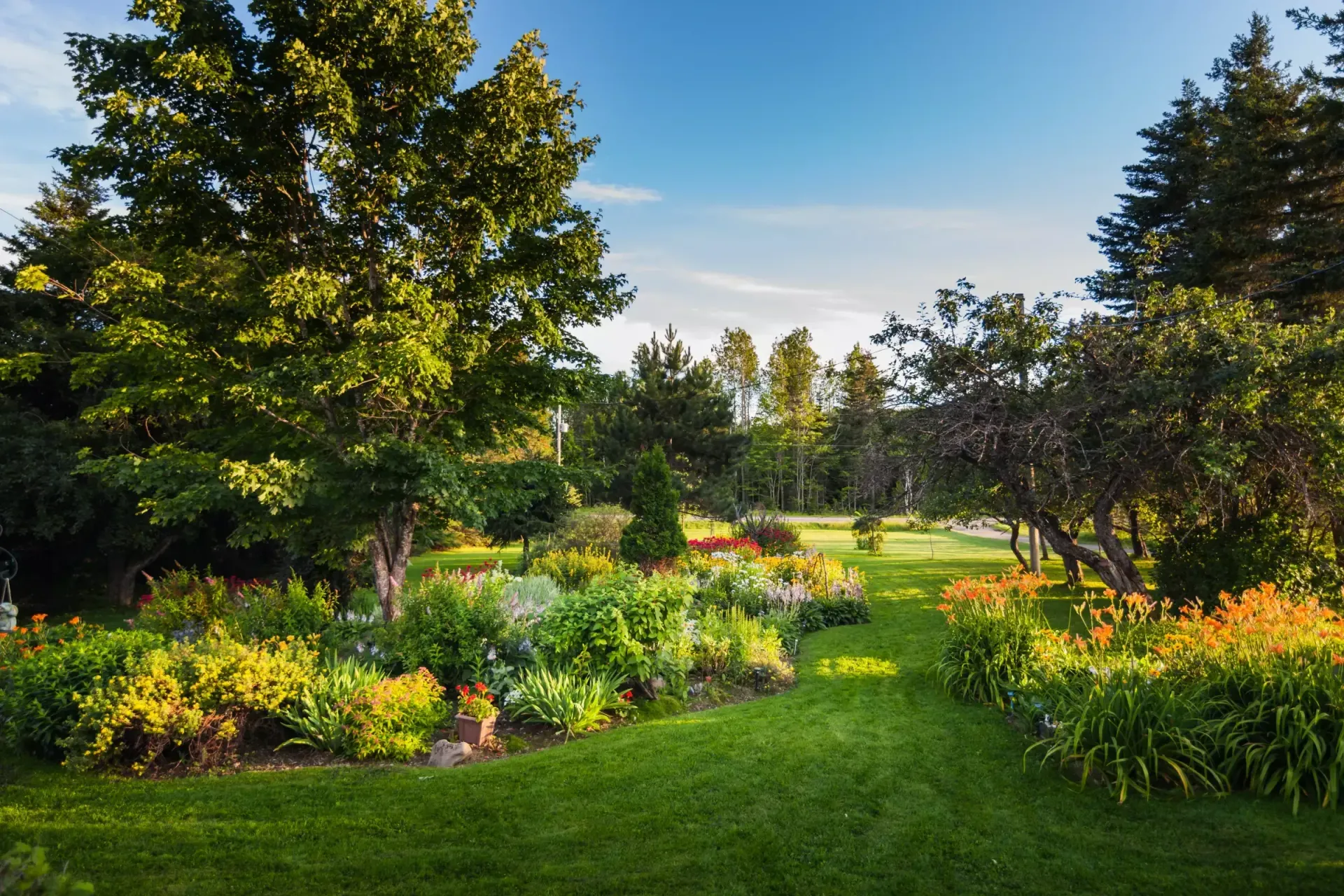 Lush garden with colorful flowers, green lawn, and trees under a bright blue sky