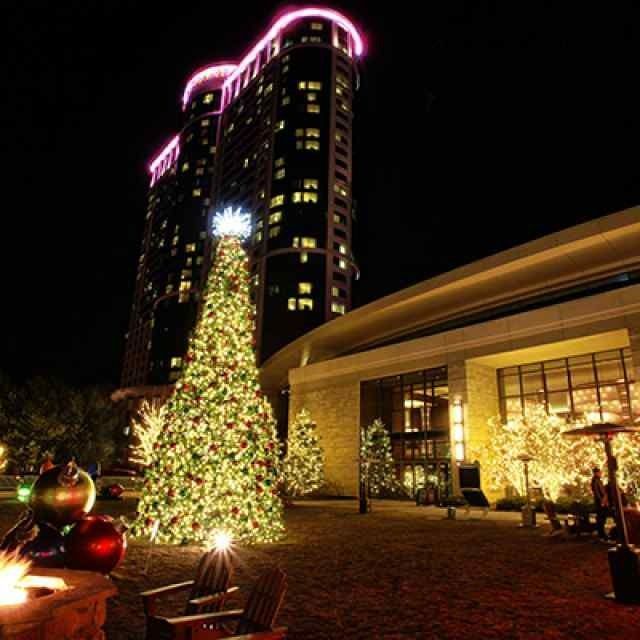 Festive holiday lights and giant Christmas tree outside a modern hotel at night
