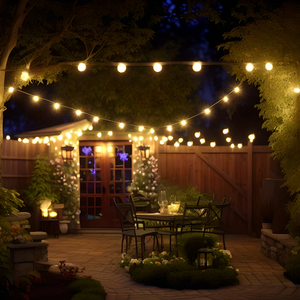 Cozy backyard patio at night with string lights, a table and chairs, and warm glowing windows