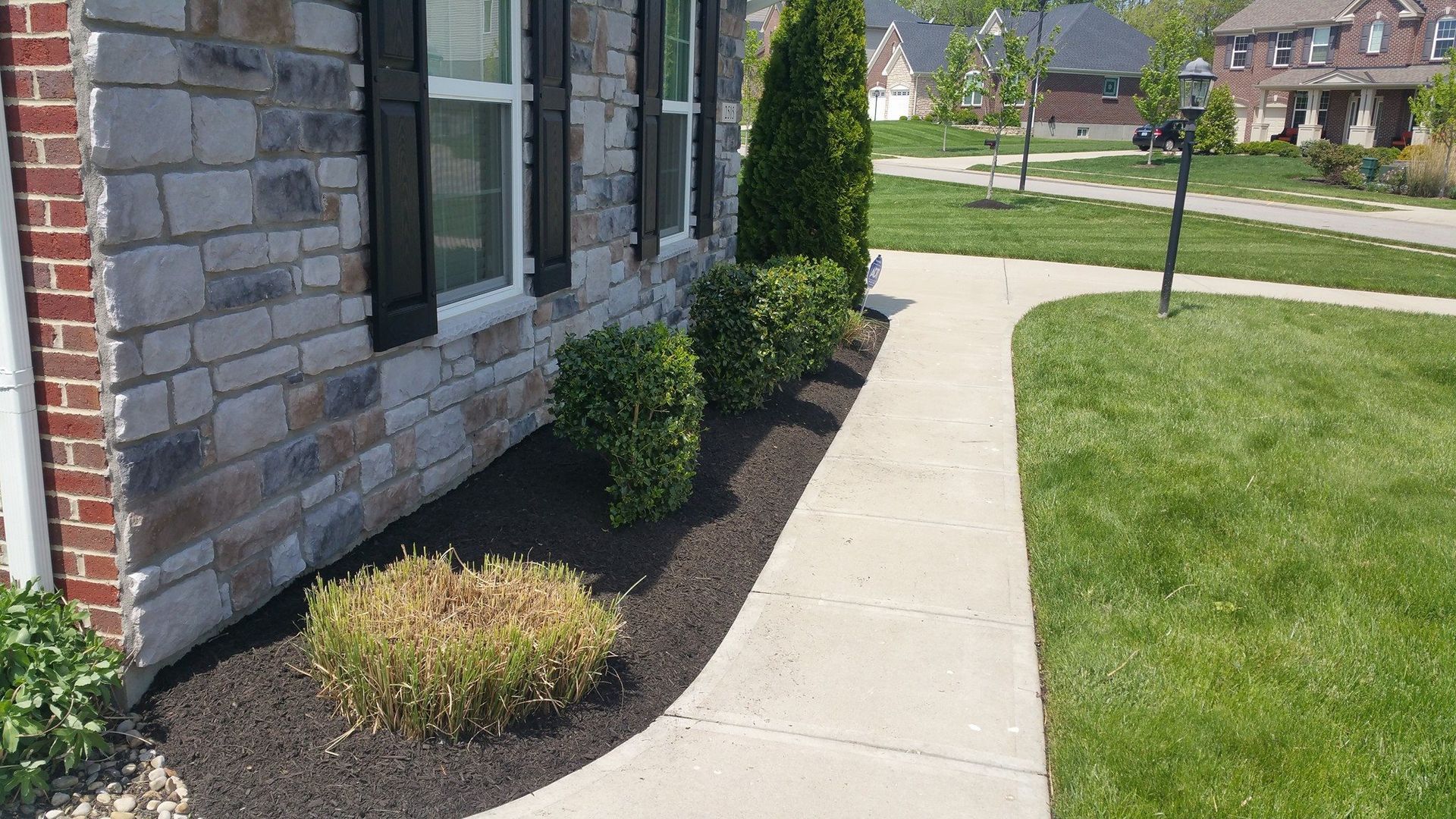 Curved sidewalk beside a stone house with trimmed shrubs and green lawn in a suburban neighborhood
