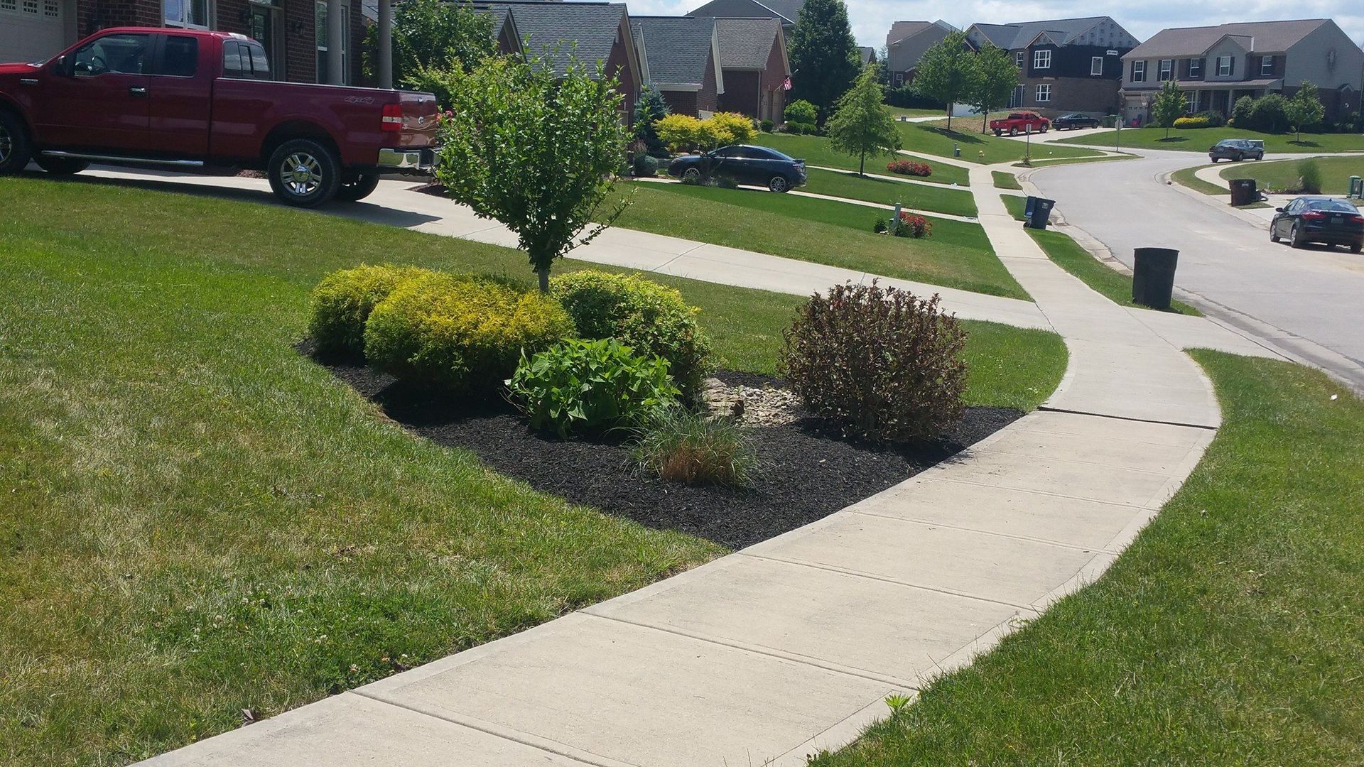 Curved suburban sidewalk beside trimmed bushes and a red pickup truck on a sunny neighborhood street