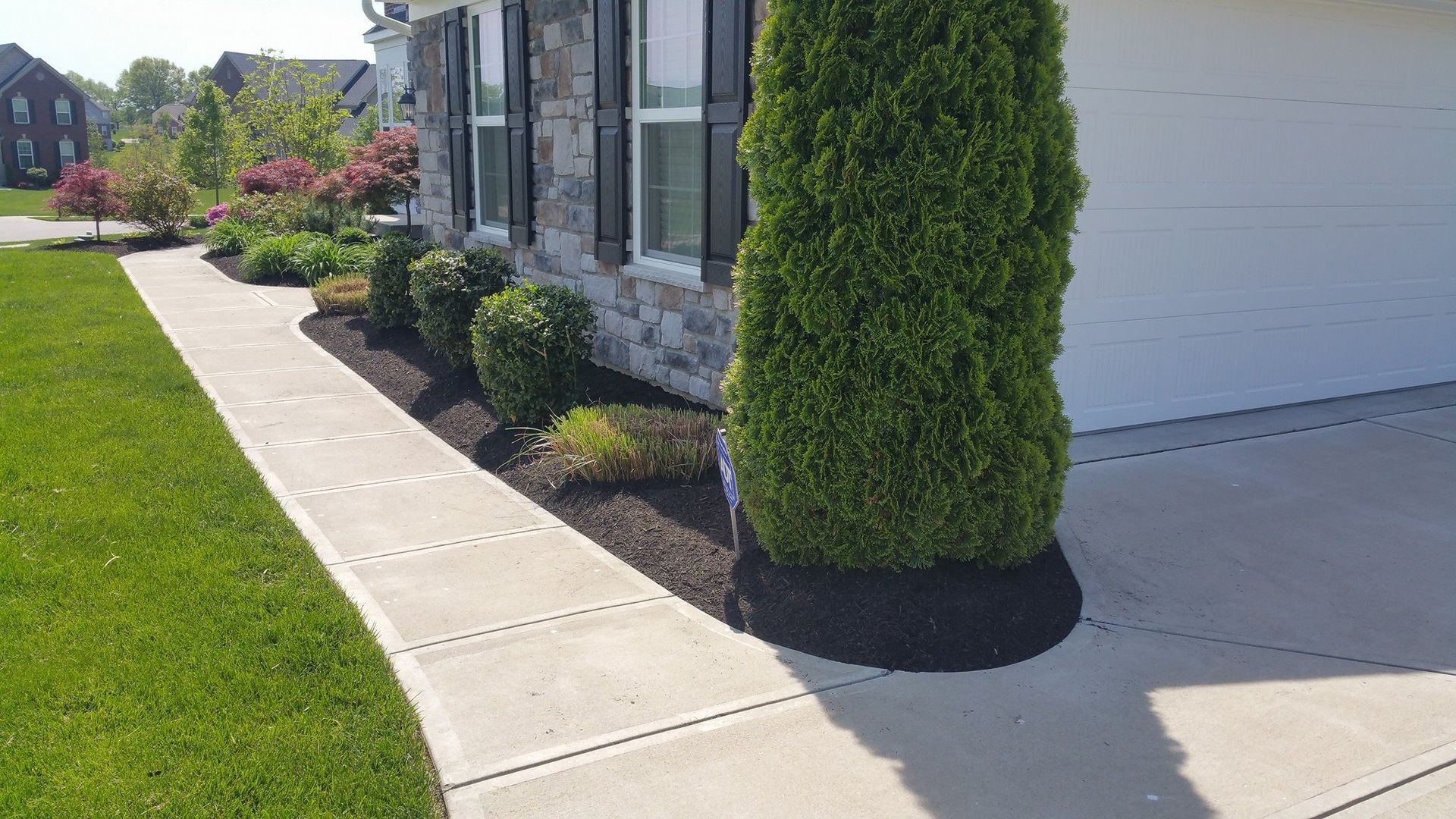 Front walkway beside a modern house with trimmed shrubs, green lawn, and a garage door