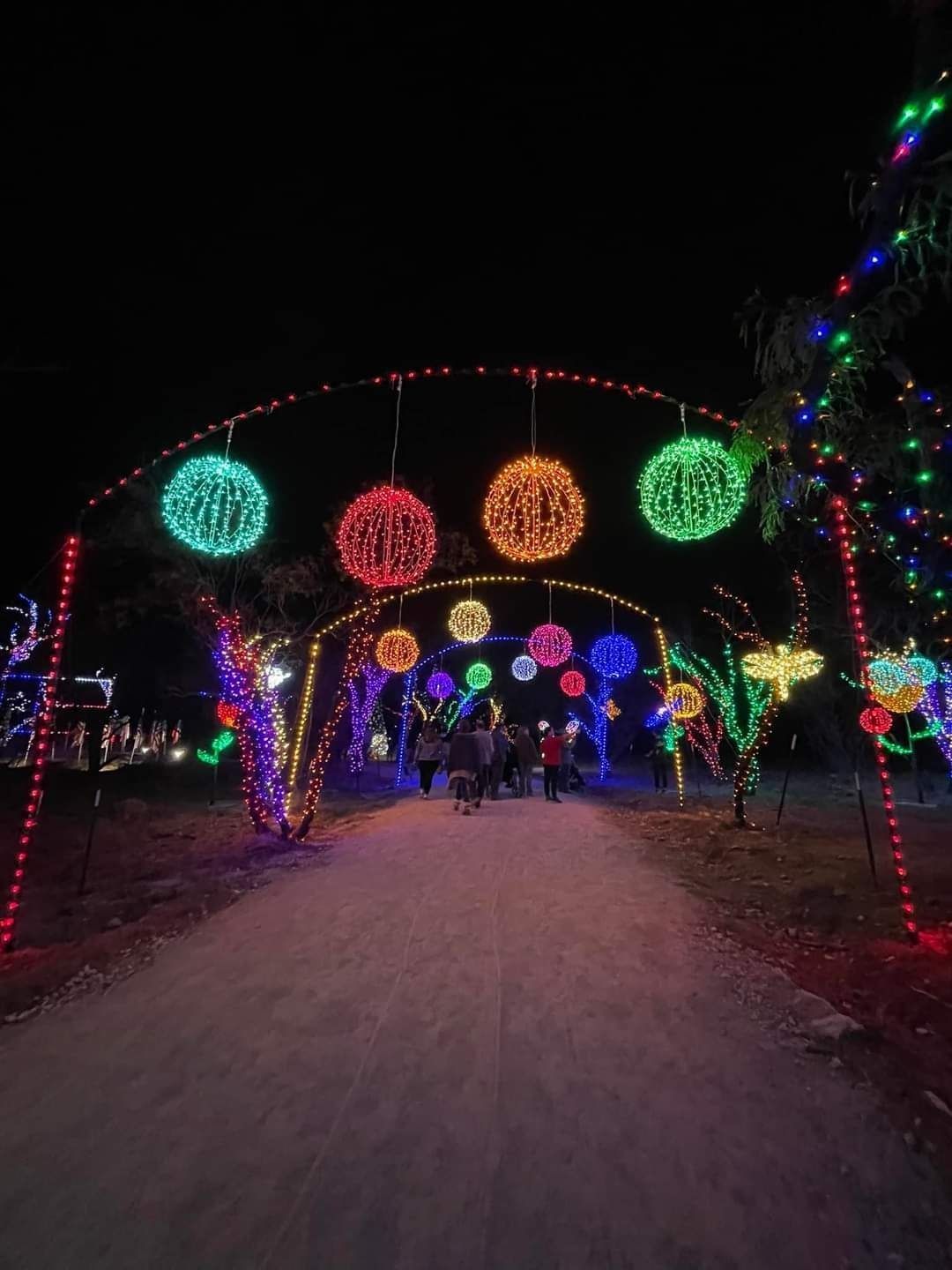 Nighttime walkway under colorful glowing holiday light arches and hanging decorations