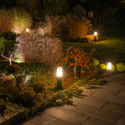 Lit garden path beside ornamental grasses and shrubs at night