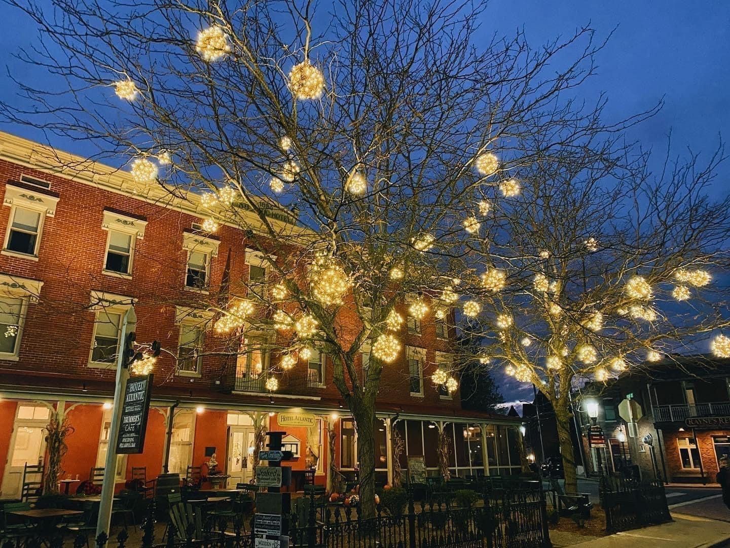 Lit brick building at dusk with trees wrapped in glowing string lights in a street scene