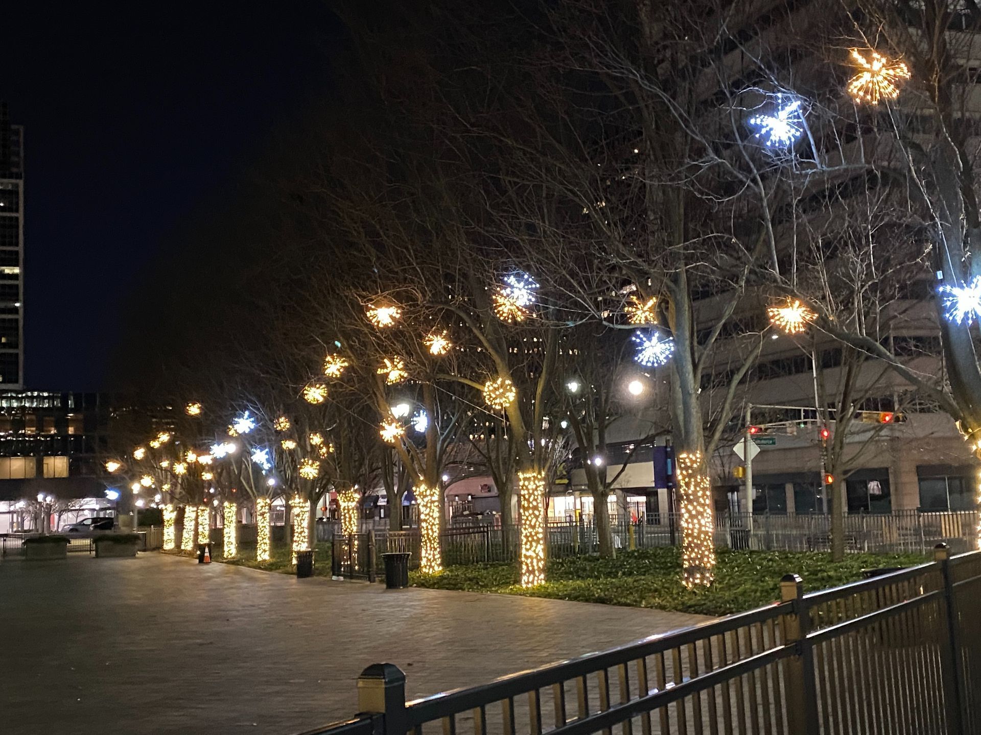 Nighttime city walkway lined with lit trees and streetlights beside buildings and a metal fence.