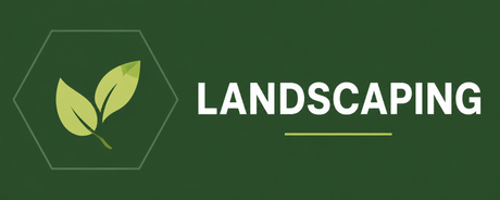 Green landscaping logo with leaf icon and bold white text on dark green background