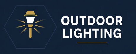 Dark blue banner with a lantern icon and the words “OUTDOOR LIGHTING”