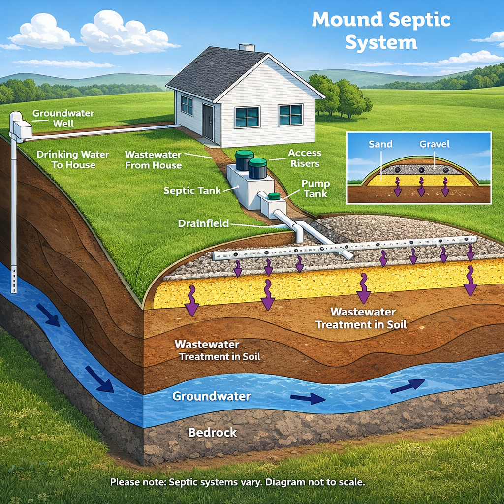 Diagram of a mound septic system showing wastewater flow through sand, gravel, soil, and groundwater