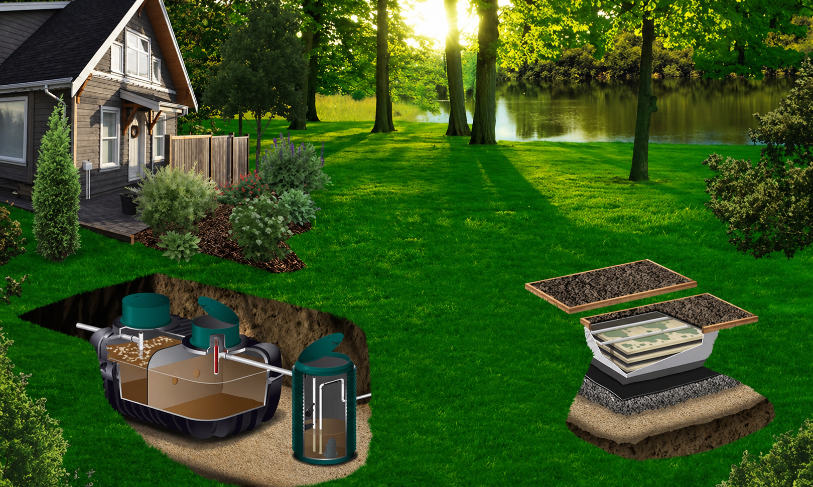 Backyard with house, lawn, trees, and patio fire pit and grill in the foreground