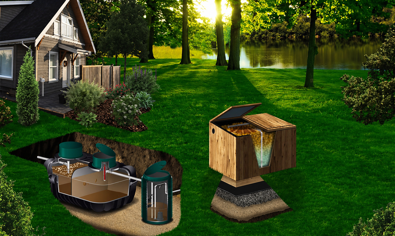 Backyard with beehives, garden lawn, and a house in the background under bright sunlight