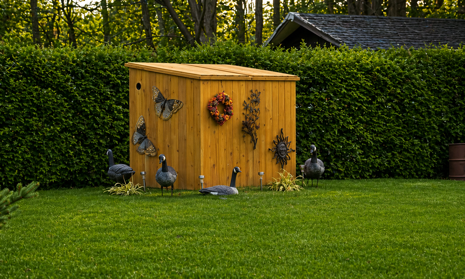 Yellow wooden shed in a green garden, decorated with hanging flower baskets and small bird figures.
