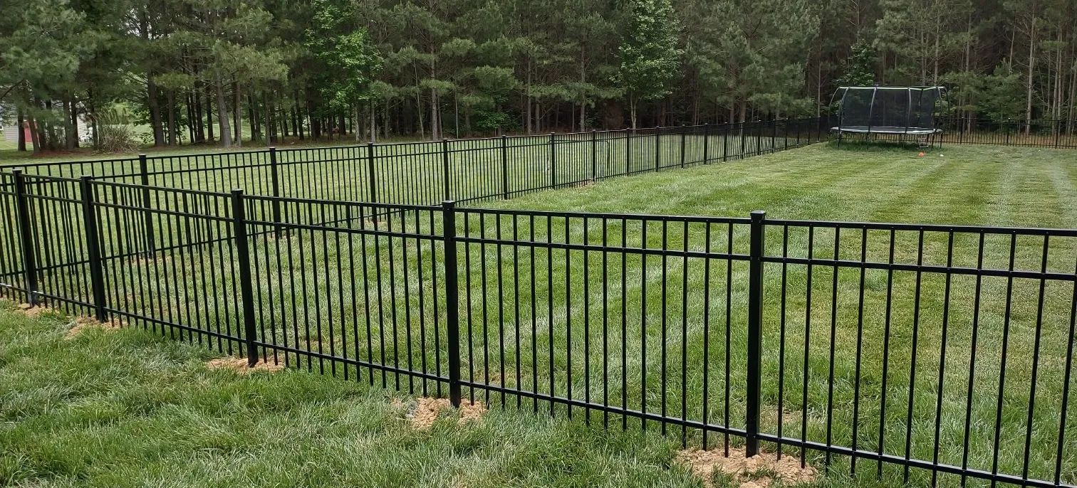 Black metal fence around a grassy yard with trees in the background