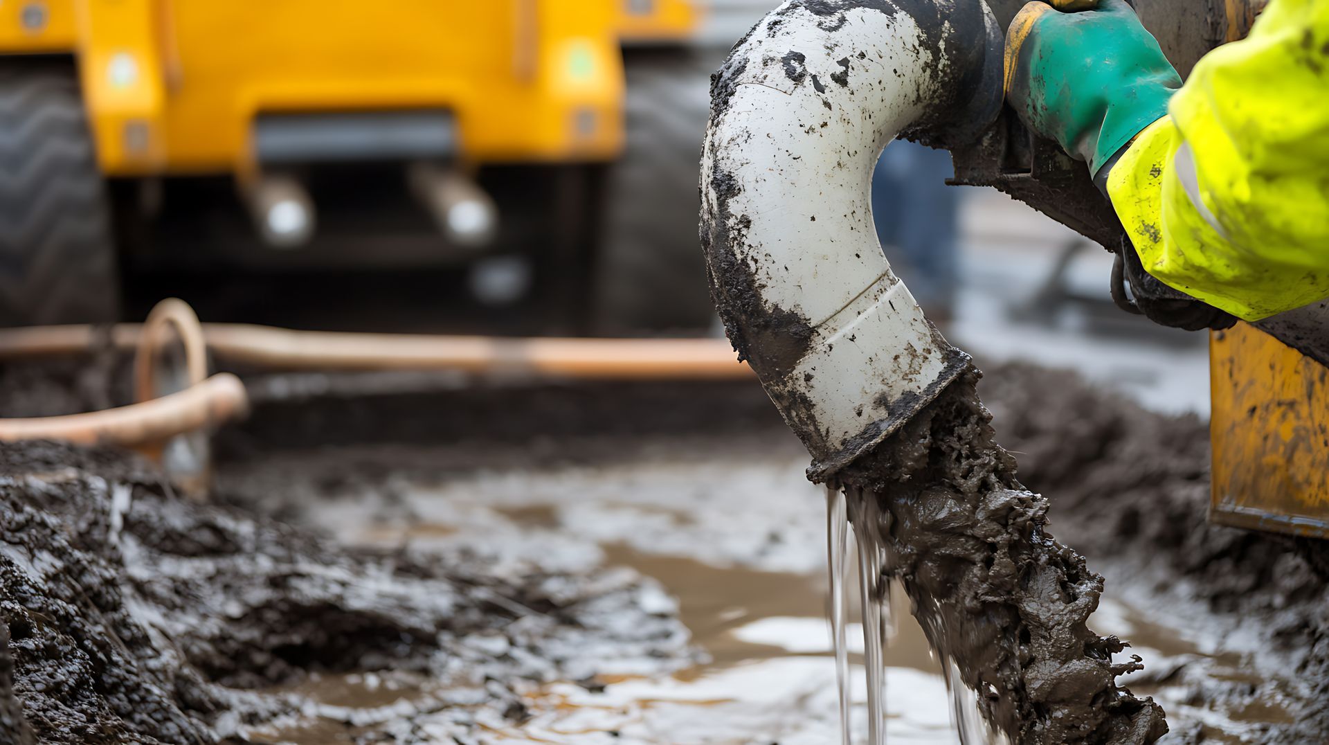 Worker in high-visibility gear guides a mud-caked discharge hose during slurry pump repair onsite. Worker in high-visibility gear guides a mud-caked discharge hose during slurry pump repair onsite.