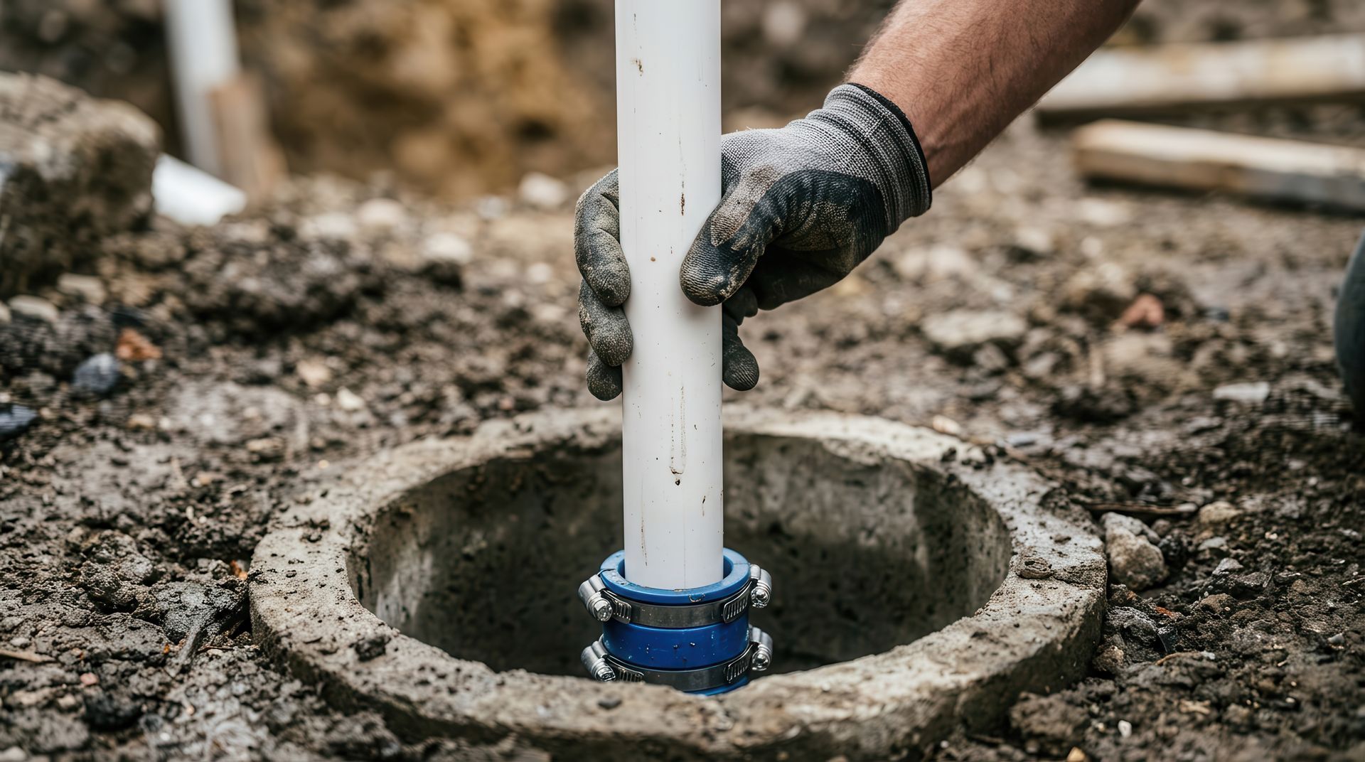 Gloved technician lowering a white PVC riser into a well casing during a pump installation service.
