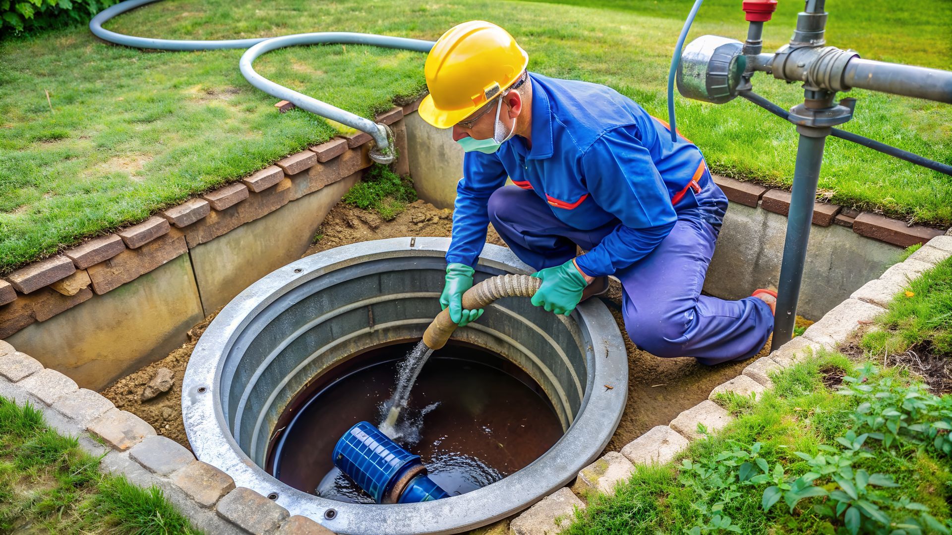 Technician in a hard hat lowering a hose into an open wet well during wastewater pump repair work. Technician in a hard hat lowering a hose into an open wet well during wastewater pump repair work.