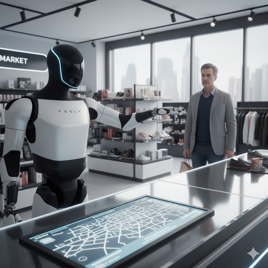 Robot shop assistant pointing, assisting a man in a modern store. A map is on the counter.