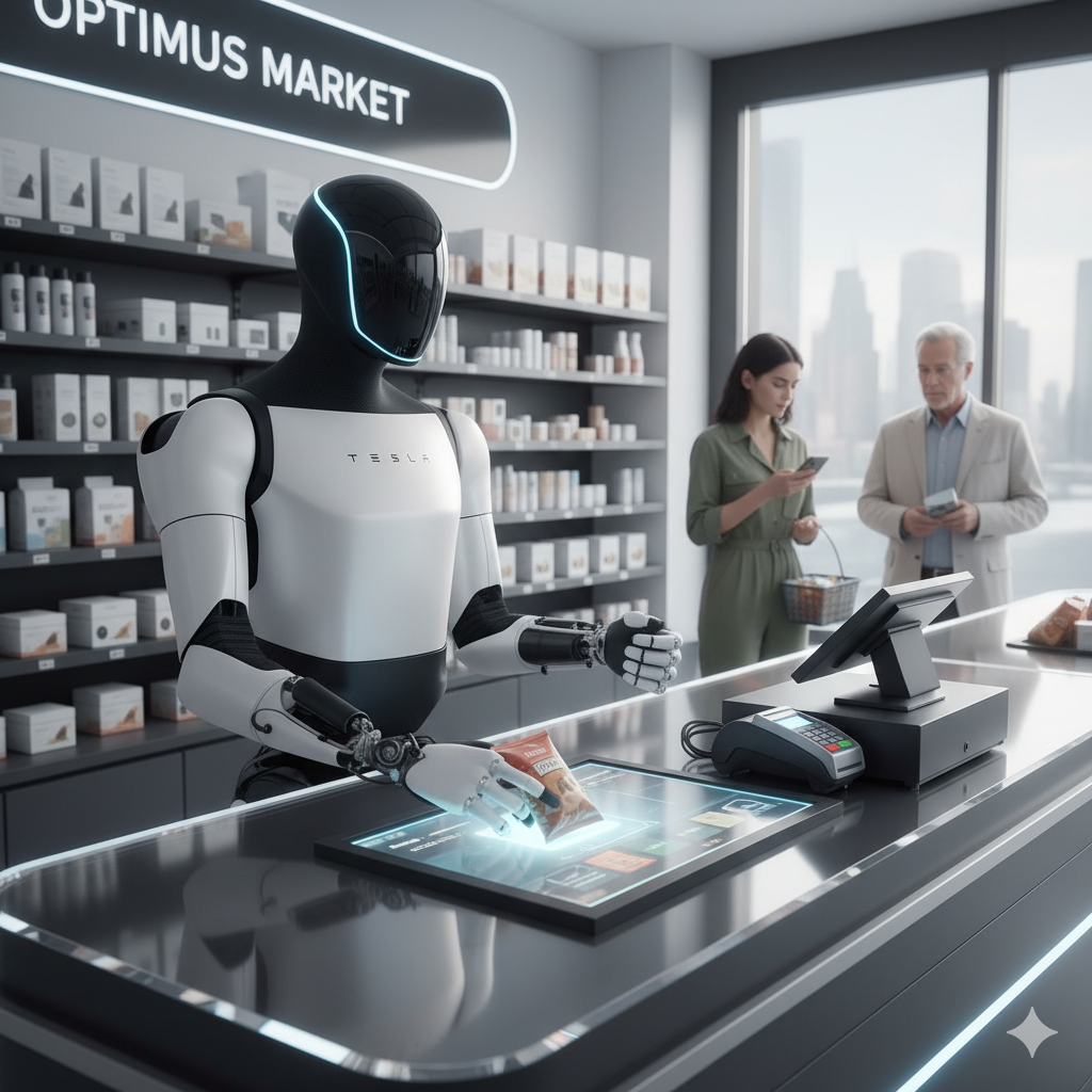 Robot cashier at Optimus Market, scanning groceries for customers in a futuristic store.