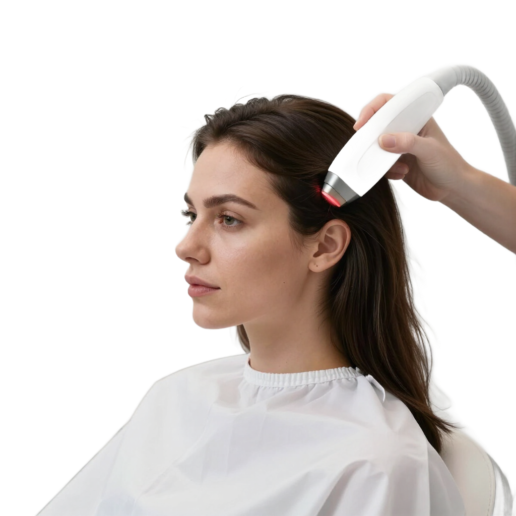 A person receives a laser or light-based scalp treatment from a practitioner using a handheld device against their hair.
