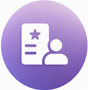 Purple circular profile icon with a document, star, and user silhouette
