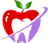 Red apple-shaped tooth logo with green leaves and purple tooth outline Red apple-shaped tooth logo with green leaves and purple tooth outline