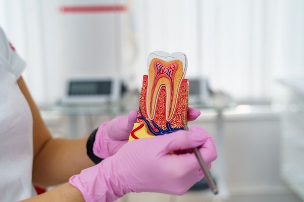 Hands using a dental handpiece to work on a tooth model close-up