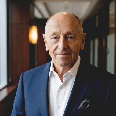 Portrait of a man in a navy blazer and white shirt, standing in a softly lit hallway.