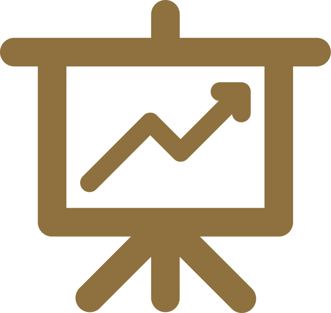 Gold presentation screen with an upward-trending arrow chart icon