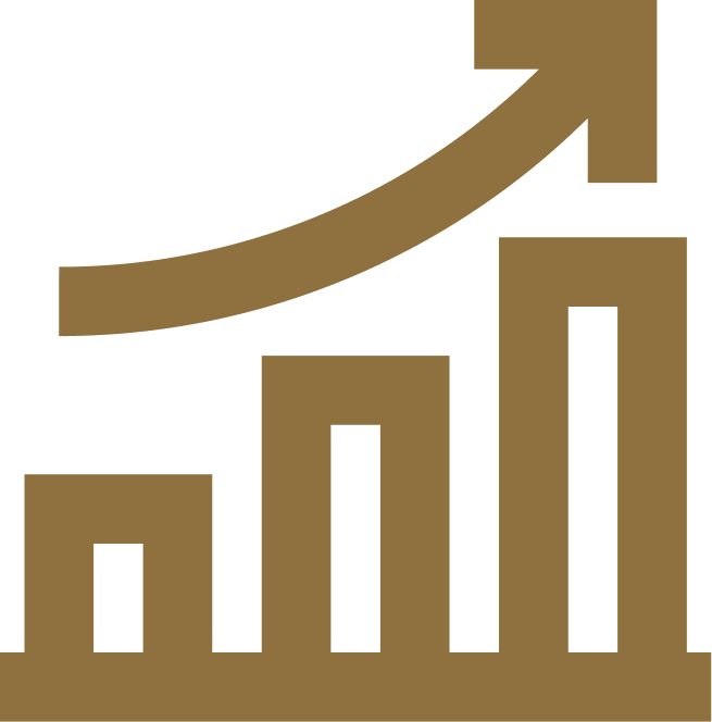 Gold upward-trending bar chart with rising arrow, symbolizing growth and progress