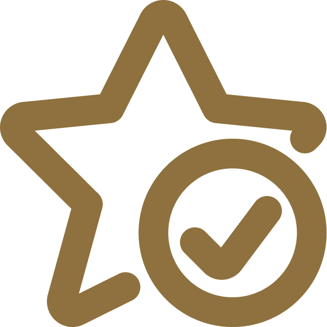 Gold outlined star with a checkmark inside a circle, resembling a rating or favorite icon