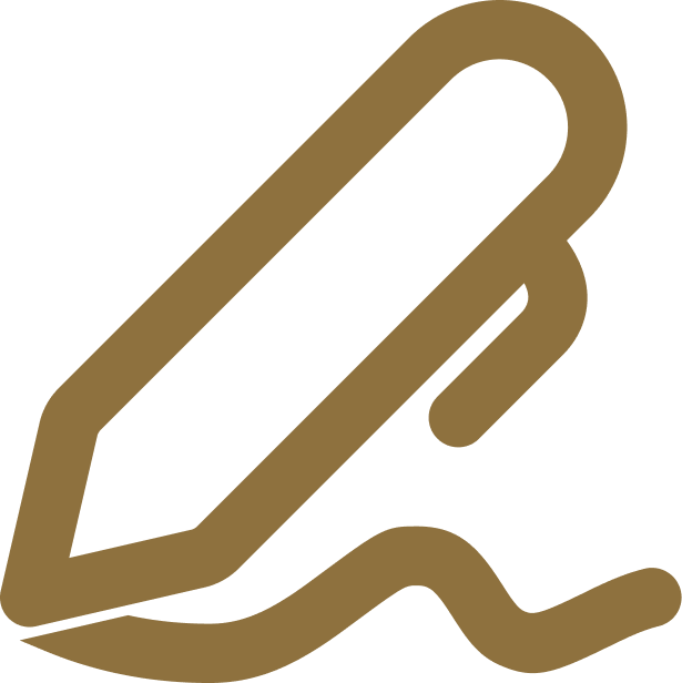 Gold line-art hand holding a pen and drawing a wavy line