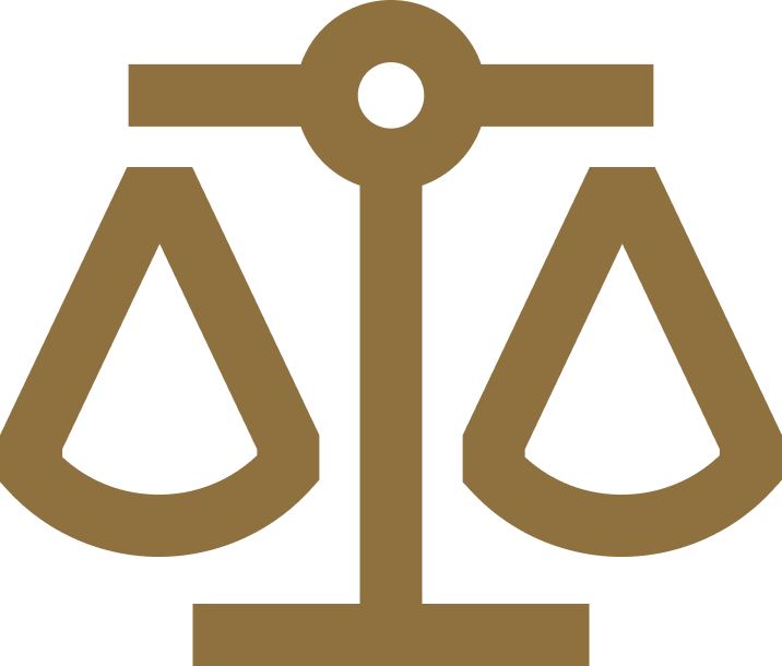 Gold justice scales icon on a white background