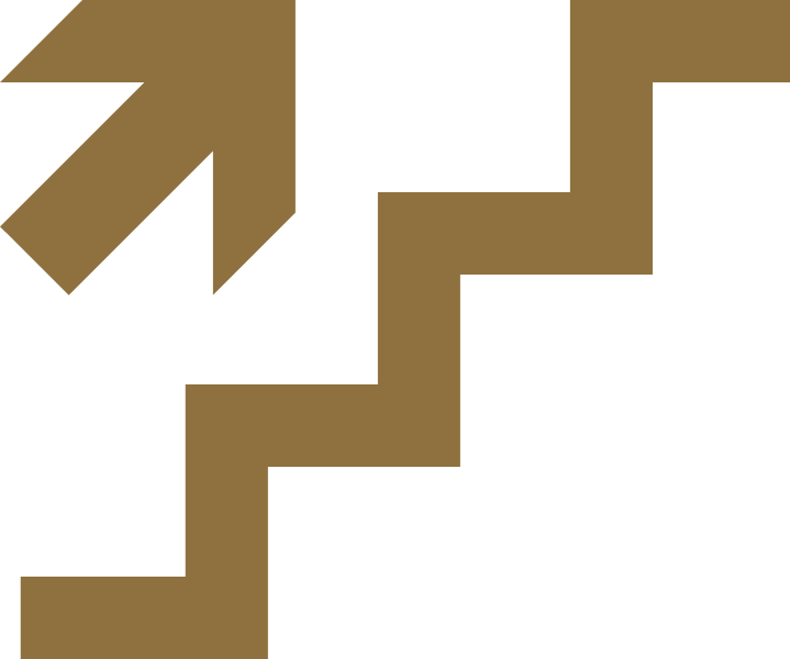 Gold upward-right arrow made of stepped blocks on a white background
