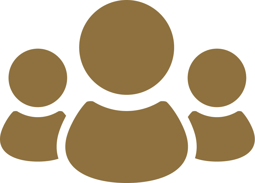 Three gold user silhouettes on a white background, resembling a group or community icon