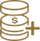 Gold stacked coins with a dollar sign and plus symbol, representing adding money or savings