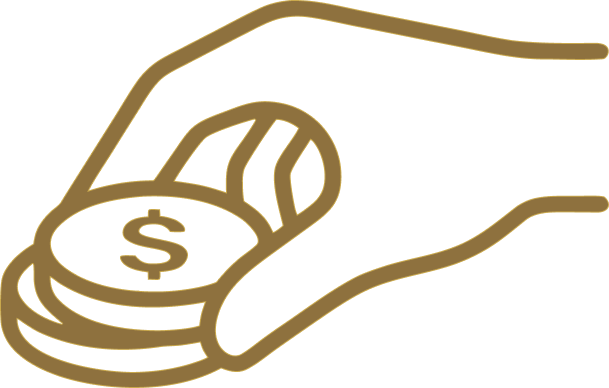 Hand placing a coin into a stack of coins, in gold line art