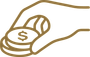 Hand placing a coin on a stack of coins, with a dollar sign on the top coin