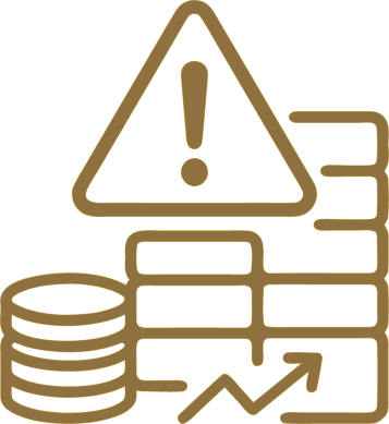 Gold line icon of stacked coins and a growth chart with an upward arrow and warning triangle
