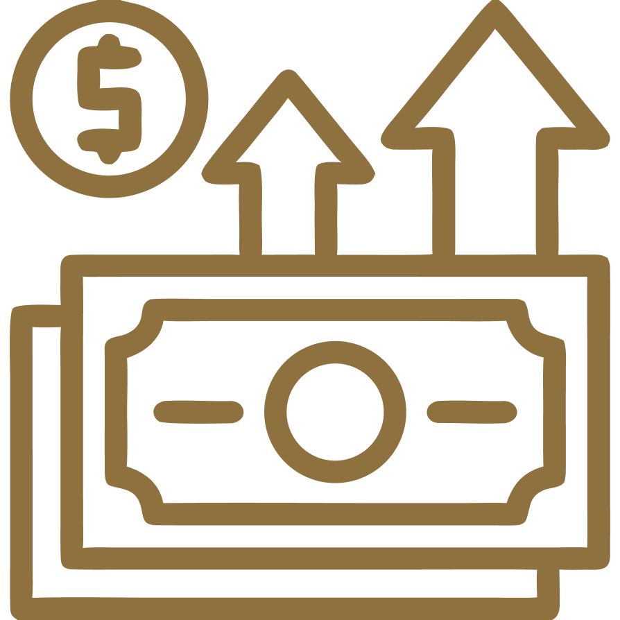 Gold icon of a dollar bill with upward arrows and a coin, suggesting money growth