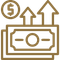 Gold line icon of money with upward arrows and a coin, symbolizing financial growth