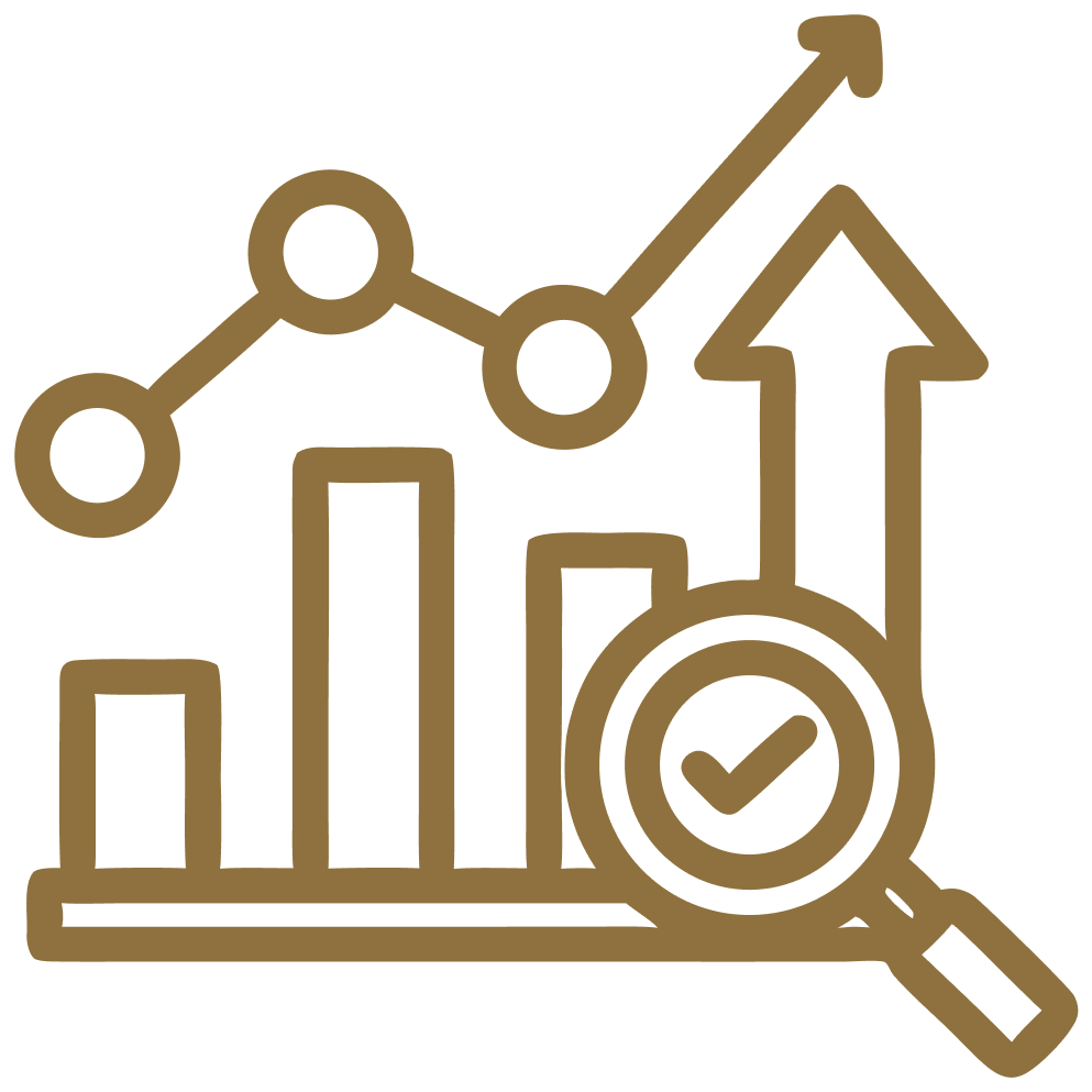 Gold analytics icon with rising chart, bar graph, coin, and magnifying glass