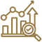 Gold analytics icon with bar chart, rising line, magnifying glass, and dollar sign in a square border