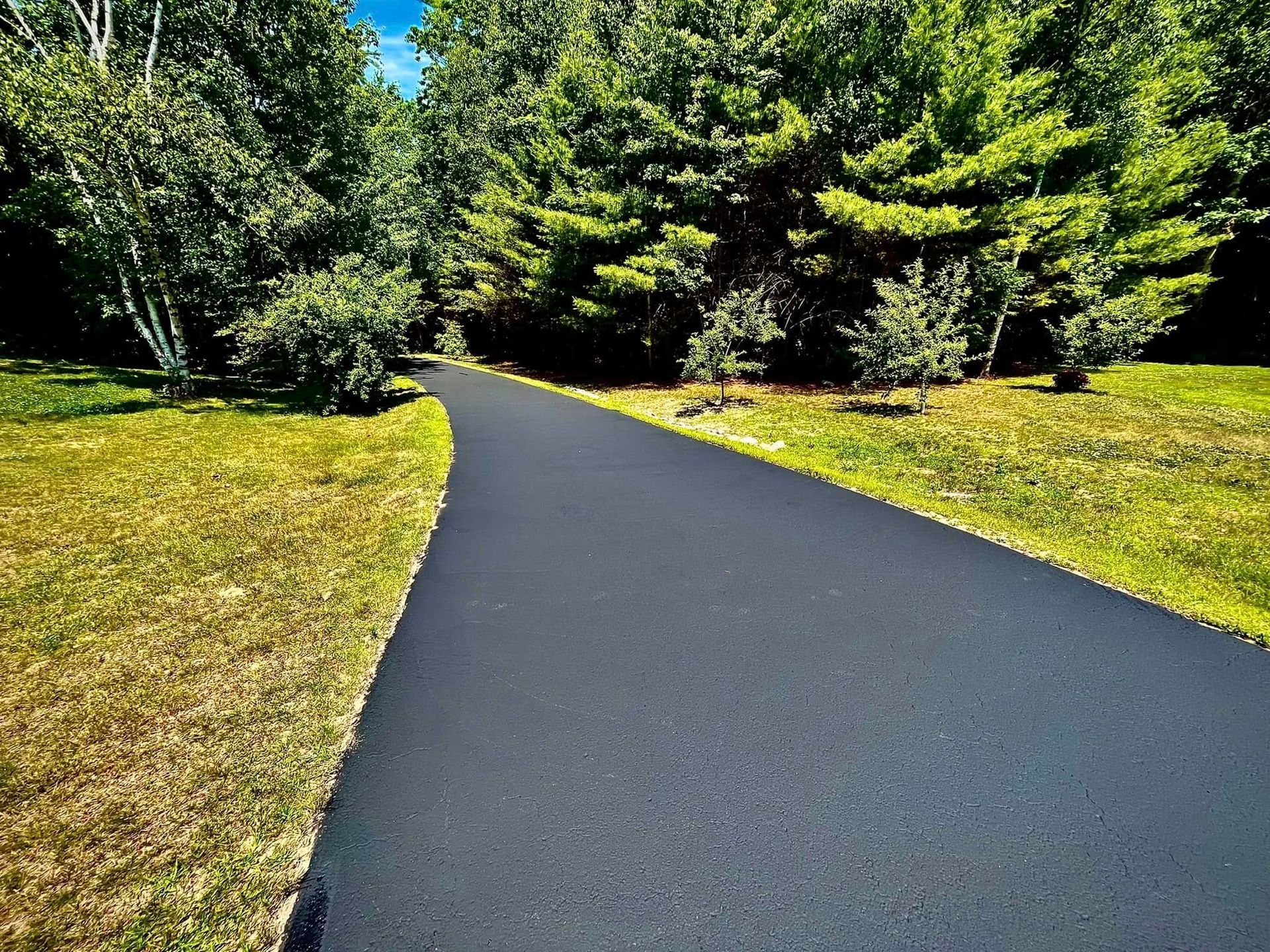 Paved path curving through a sunny green park with trees and grass