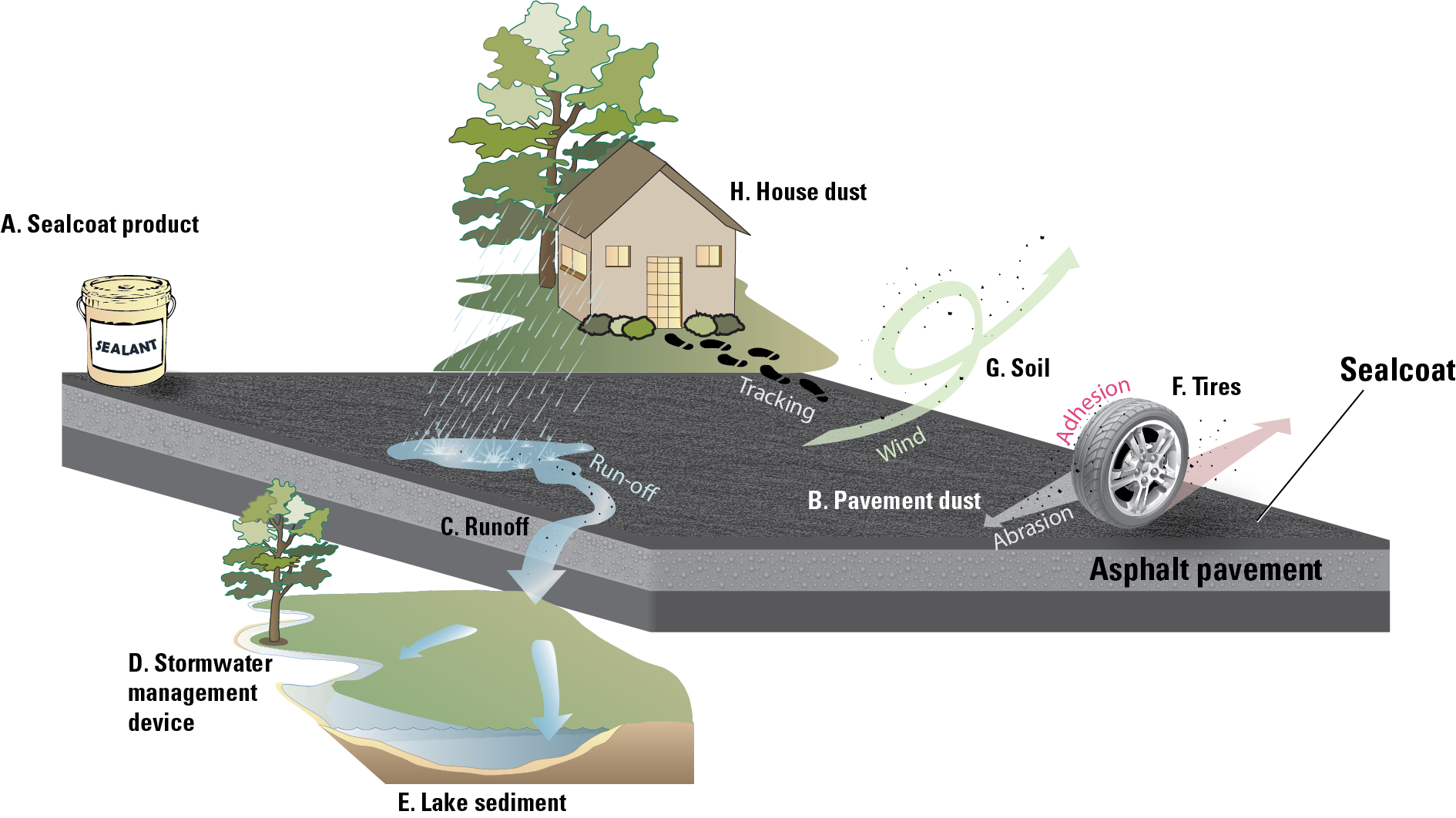 Diagram showing stormwater runoff carrying pollutants from land to a stream and fish.