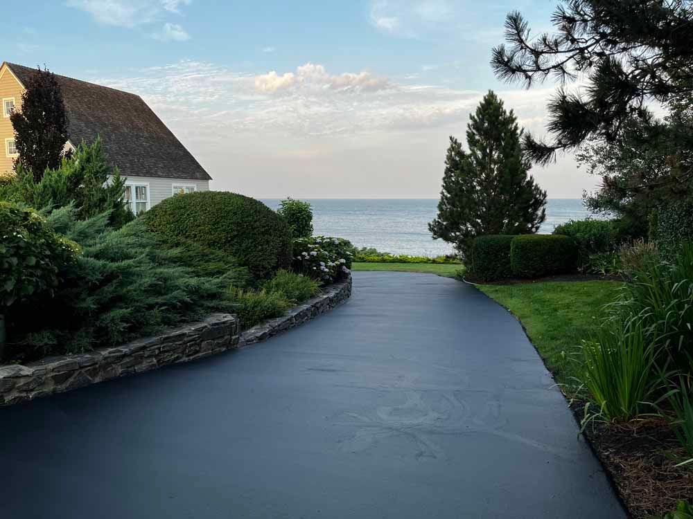 Paved driveway leading to a seaside view, framed by shrubs and trees near a house