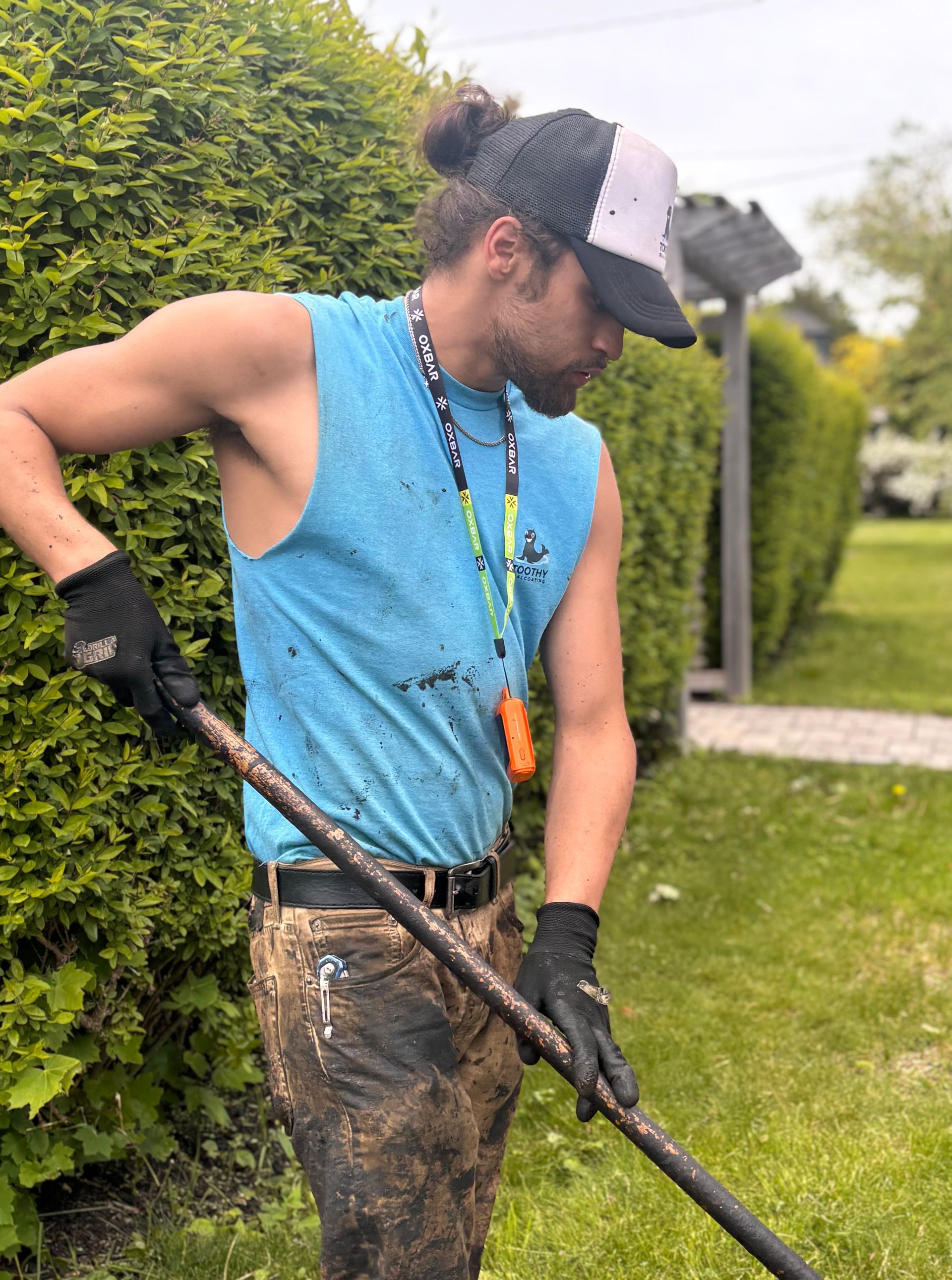 Worker in blue sleeveless shirt and cap using a long tool beside a hedge in a garden.