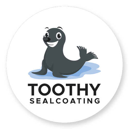 Logo of a smiling dark seal on a blue puddle with text &ldquo;TOOTHY SEALCOATING&rdquo;